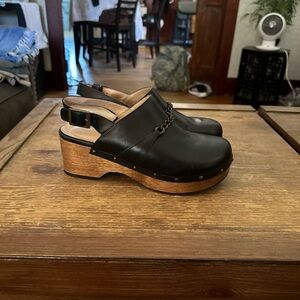 Anthropologie Black Leather Mules with Chain Accent